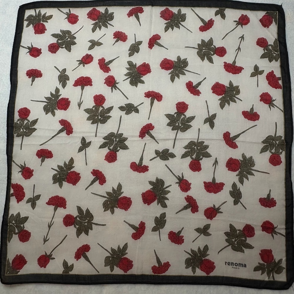 Vtg RENOMA PARIS Scarf Handkerchief Floral Rose Cotton White Red 16"